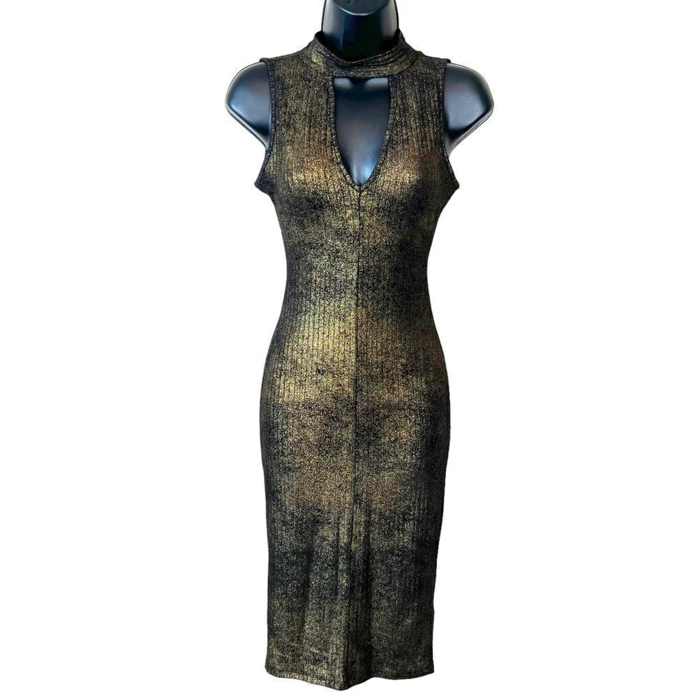 BEBE Black Crackled Gold Metallic Knit Sleeveless High Neck Bodycon Dress